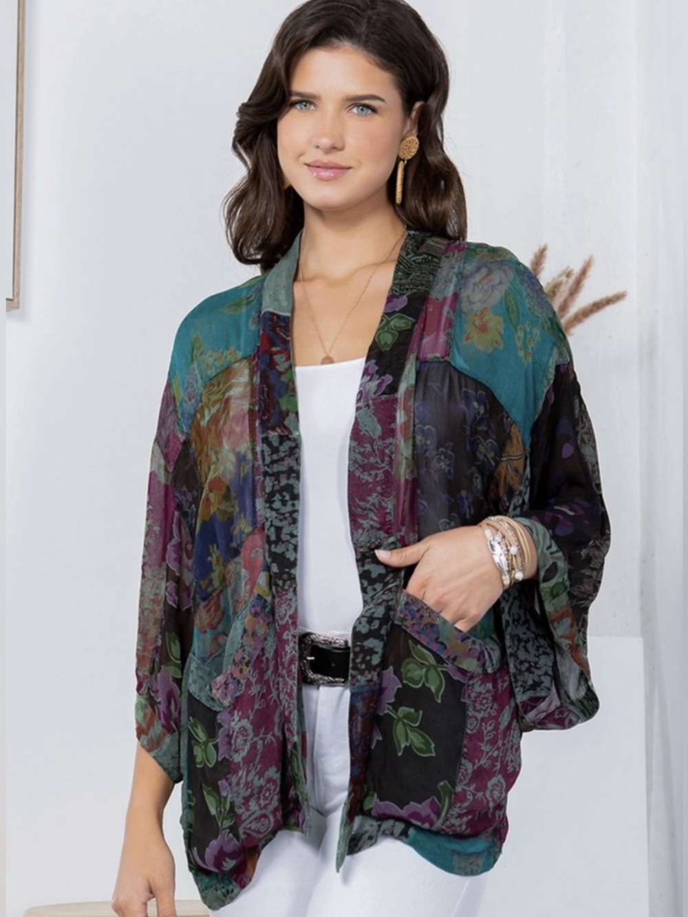 Young threads kimono blous Floral Patchwork Kimono Jacket - olive black & green